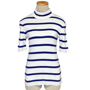 CLOSED Italy Knit Top Mock Neck T-Shirt White Blue Stripes Small